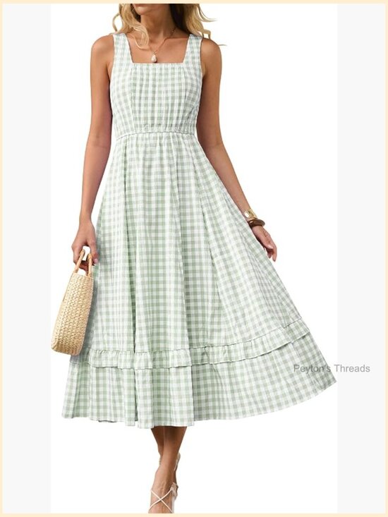 Dresses & Skirts - Womens Summer Casual Gingham Plaid Midi Dress Sleeveless Square Neck Flowy with